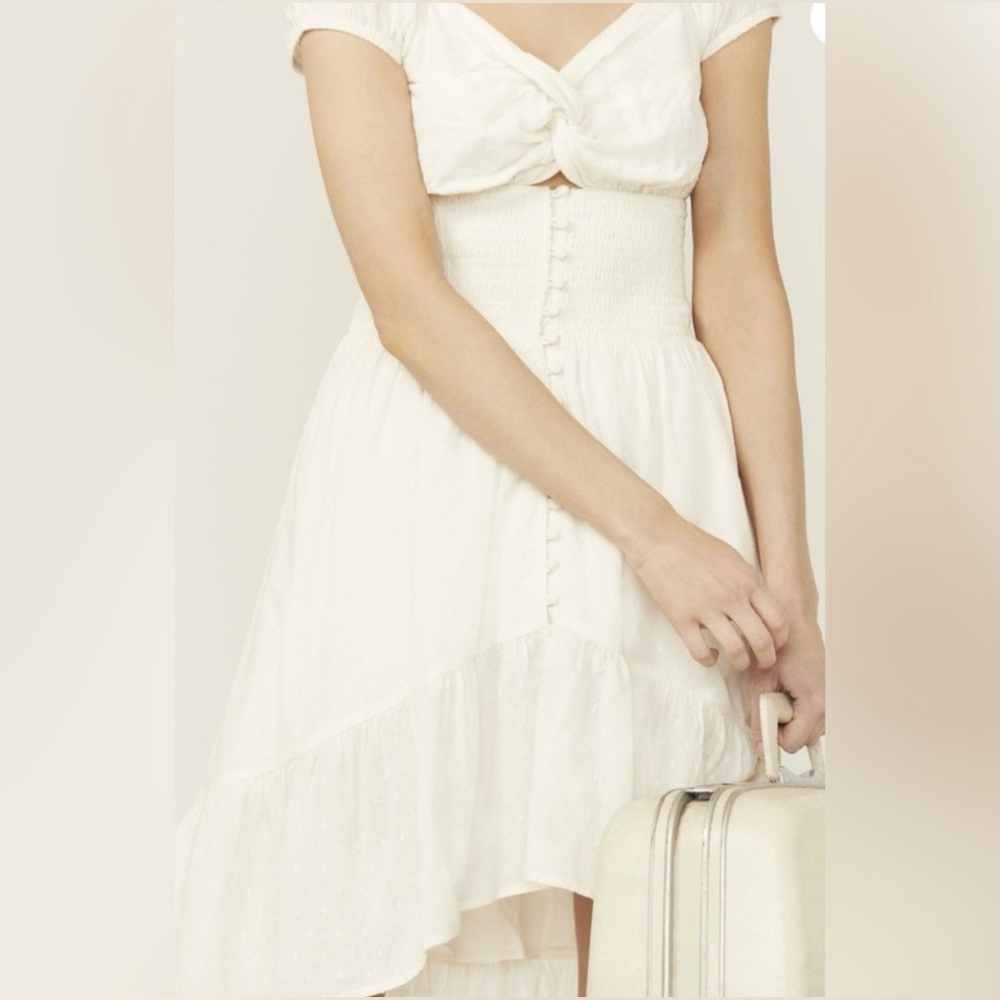 New L SHYANNE Smocked Twist Front Short Sleeve Midi High Low Cotton Cream Dress - Picture 3 of 16